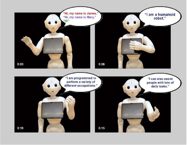 In the first image, a robot says either "Hi, my name is James," "Hi, my name is Mary," or simply "Hi." In the second, it says "I am a humanoid robot." In the third it says, "I am programmed to perform a variety of different occupations." In the final image, it says, "I can also assist people with lots of daily tasks." 